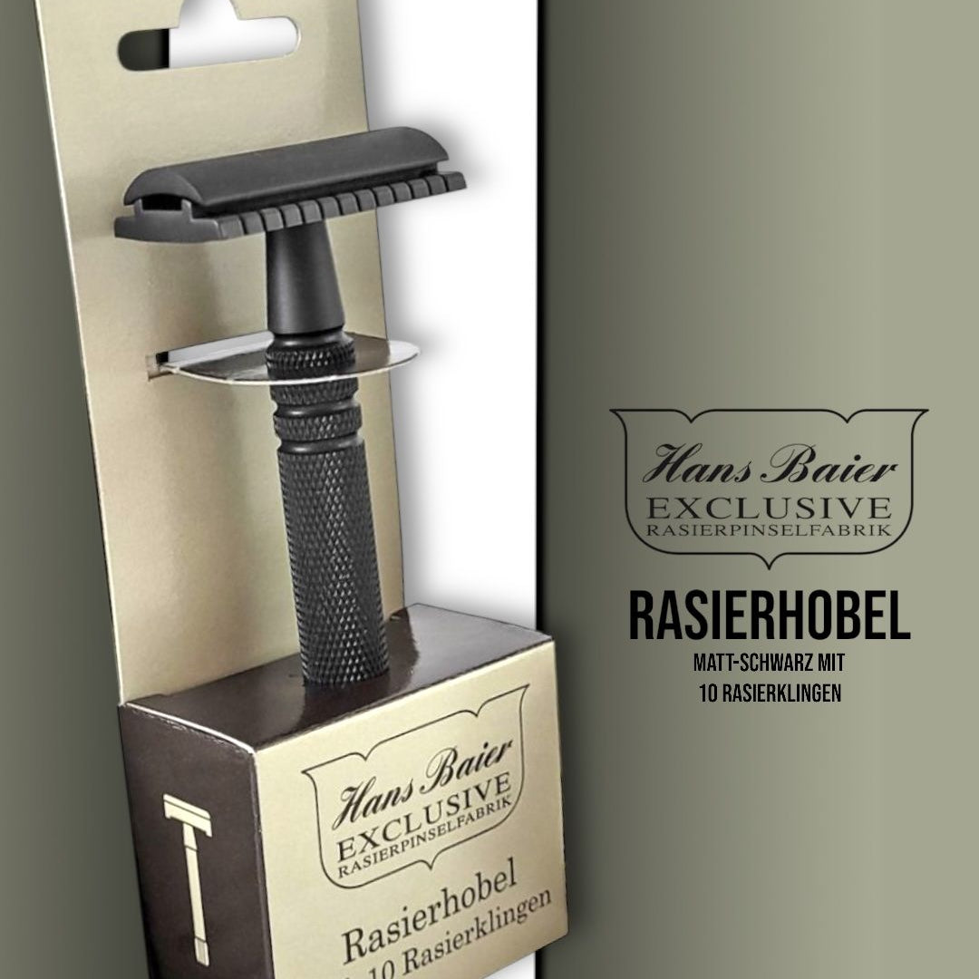 Hans Baier 3 - tlg. Rasierhobel matt - schwarz mit 10 Rasierklingen - Lockhart's Authentic Grooming Company, LLC