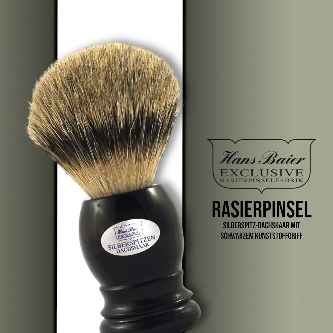 Hans Baier Rasierpinsel Silberspitz - Dachshaar mit schwarzem Kunststoffgriff - Lockhart's Authentic Grooming Company, LLC